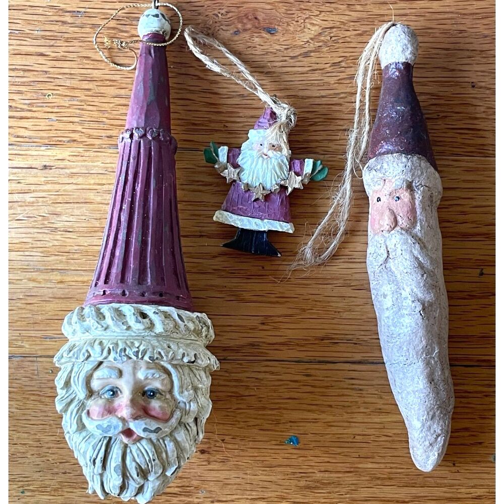 Vintage Santa Christmas Ornaments 3/pcs Primitive Folk Art Rustic Holiday Decor